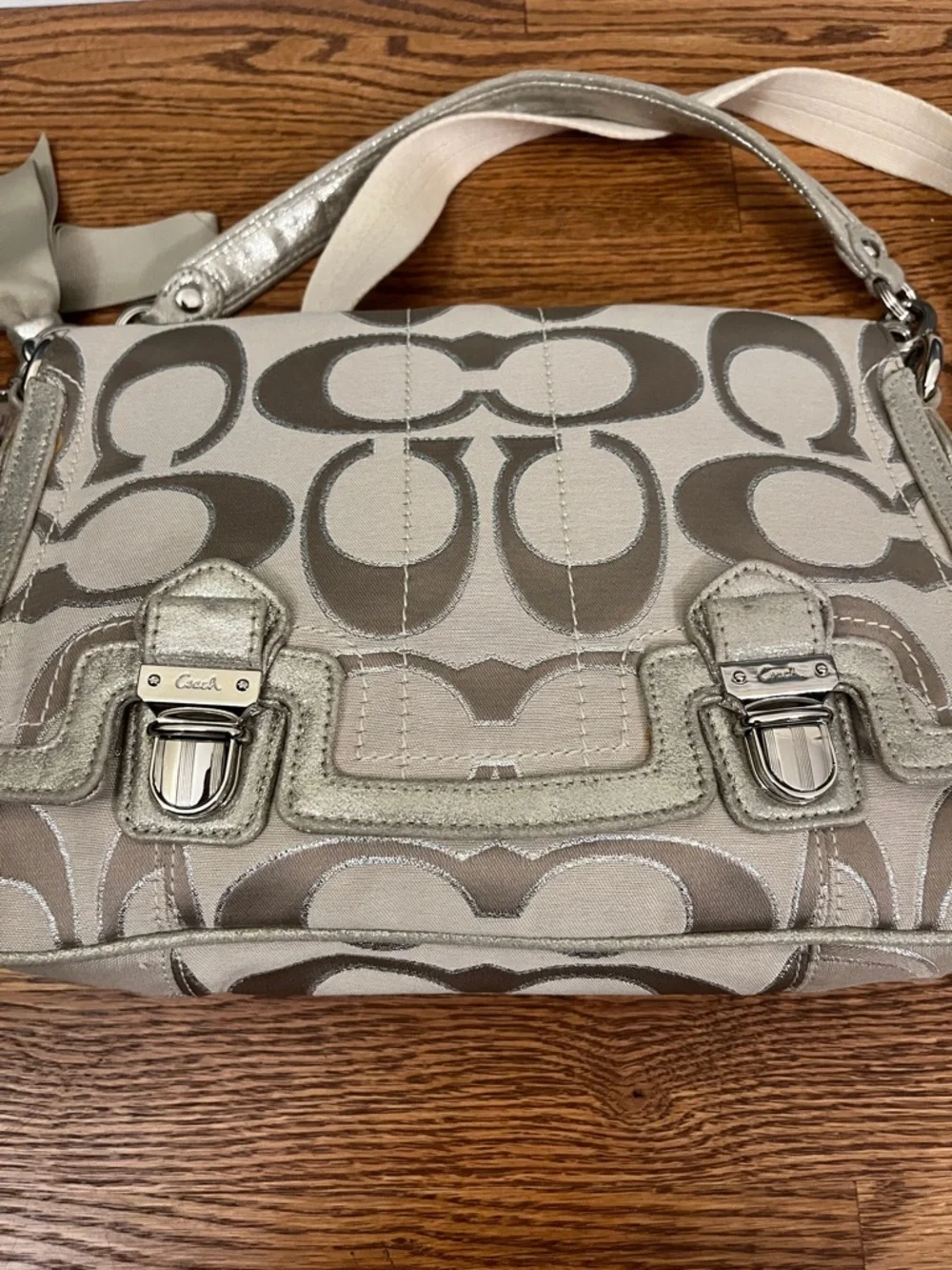 Coach Poppy Signature C Metallic Sateen & Leather Messenger Flap Satchel #18352